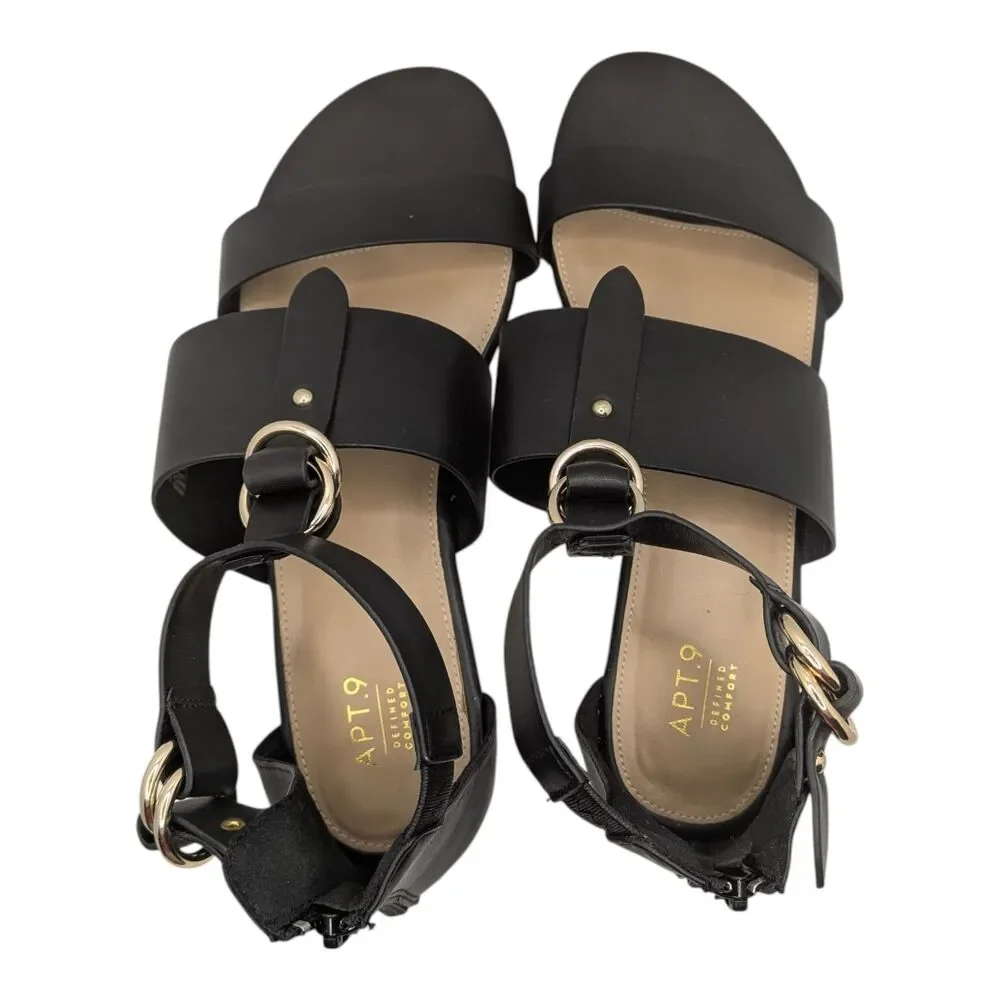 Women's Apt 9 Black Faux Leather Gladiator Sandals Size 9.5 Zip Back Gold Buckle